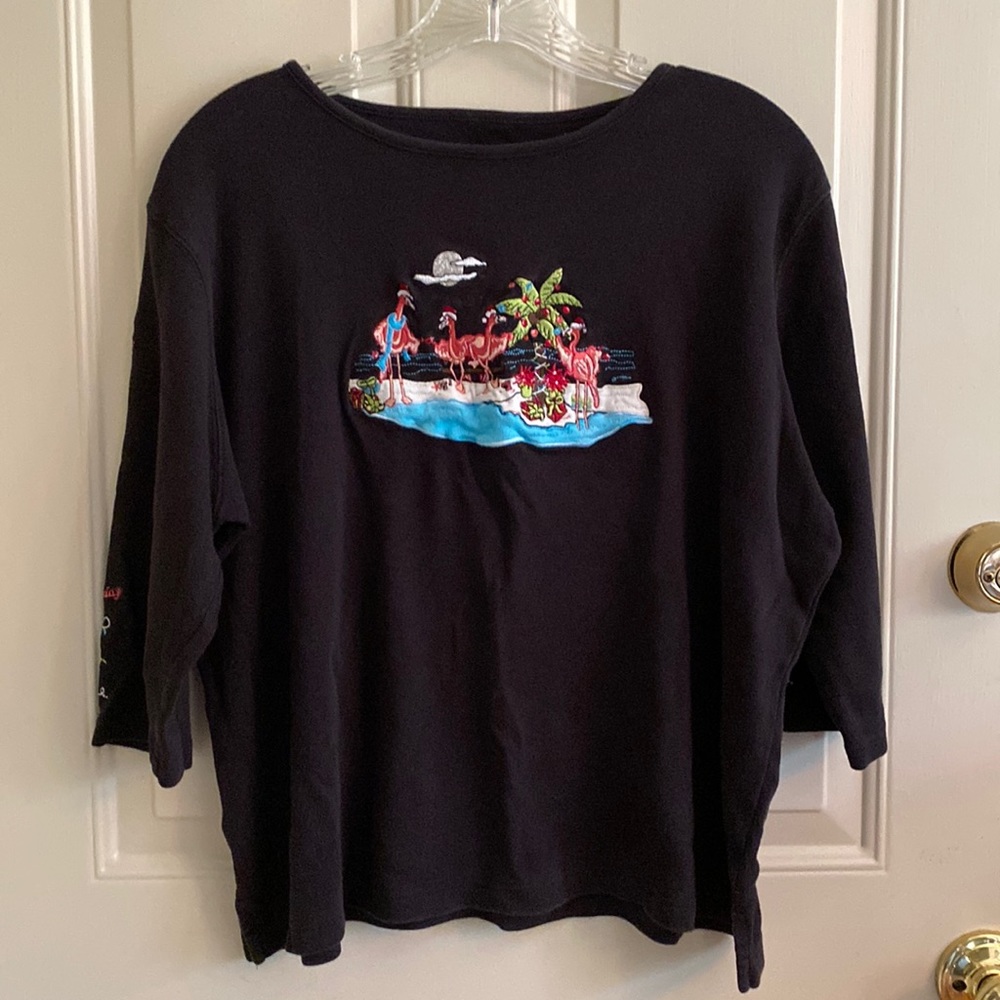 Vintage Women’s Petite XL Christmas 3/4 Length Knit Embroidered Top Flamingos